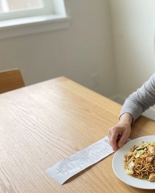 Auntie Fong seated at a kitchen table with a plate of chow mein