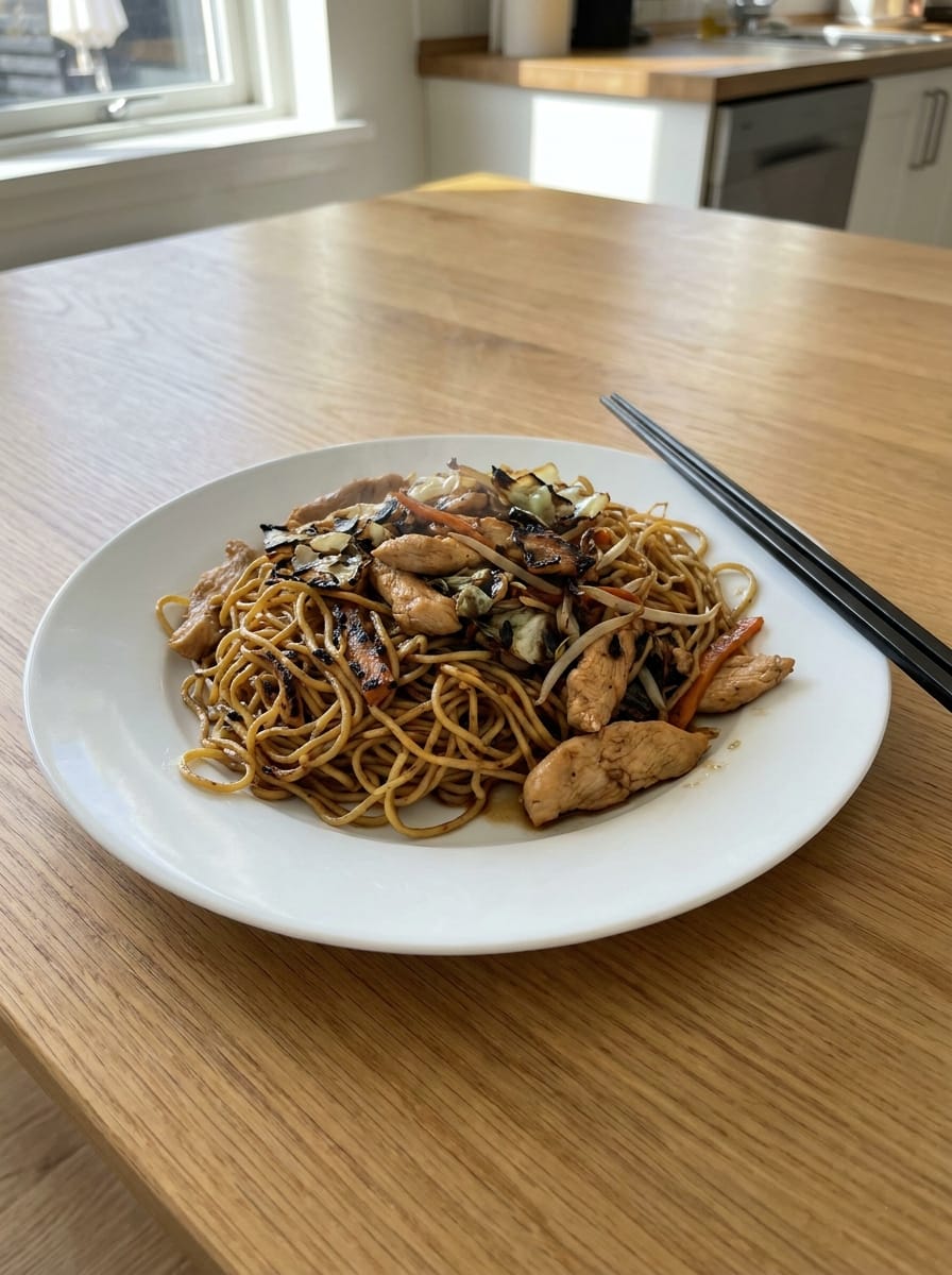 Chicken chow mein on a white plate, steam rising, on an oak table