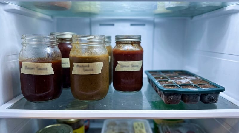 Refrigerator shelf with four labeled jars of sauce and an ice-cube tray of frozen sauce