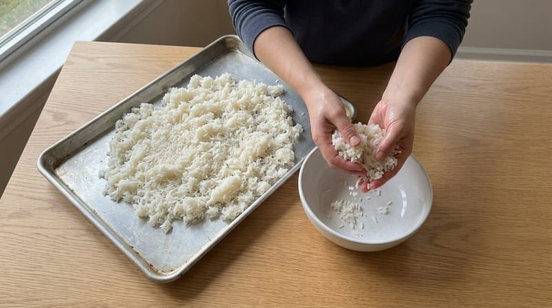Cooked rice spread on a sheet tray to dry, a hand breaking up the clumps