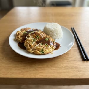 Chicken egg foo young with rice