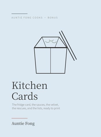 Cover of Auntie Fong's Kitchen Cards, pale blue, line-drawn takeout box