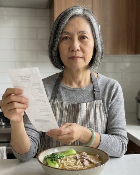 Auntie Fong holding a delivery receipt above a bowl of noodles in a home kitchen